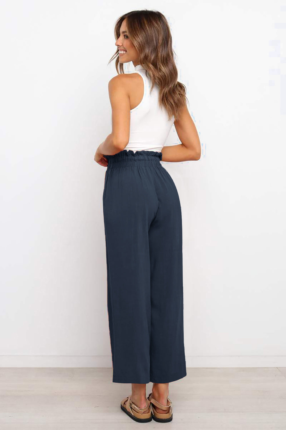 LC771296-5-S, LC771296-5-M, LC771296-5-L, LC771296-5-XL, Blue Women's High Waist Paper Bag Straight Leg Cropped Long Pants with Pocket