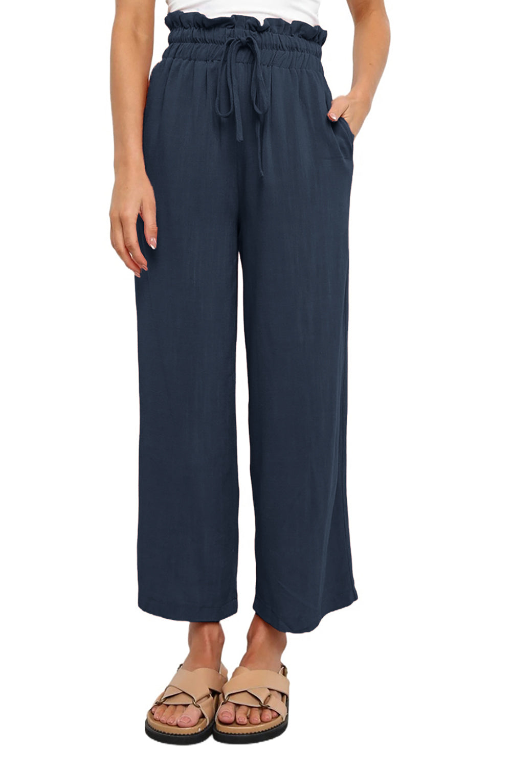 LC771296-5-S, LC771296-5-M, LC771296-5-L, LC771296-5-XL, Blue Women's High Waist Paper Bag Straight Leg Cropped Long Pants with Pocket