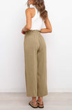 LC771296-1016-S, LC771296-1016-M, LC771296-1016-L, LC771296-1016-XL, Khaki Women's High Waist Paper Bag Straight Leg Cropped Long Pants with Pocket