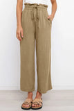 LC771296-1016-S, LC771296-1016-M, LC771296-1016-L, LC771296-1016-XL, Khaki Women's High Waist Paper Bag Straight Leg Cropped Long Pants with Pocket