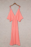 LC619680-14-S, LC619680-14-M, LC619680-14-L, LC619680-14-XL, Orange Women's Cold Shoulder Backless Deep V Neck Maxi Dress with Side Slit