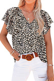 LC25114556-2-S, LC25114556-2-M, LC25114556-2-L, LC25114556-2-XL, LC25114556-2-2XL, Black Women's Casual Short Sleeve Ruffle Petals Shirts Summer Casual Floral Blouse Top