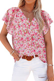 LC25114556-3-S, LC25114556-3-M, LC25114556-3-L, LC25114556-3-XL, LC25114556-3-2XL, Red Women's Casual Short Sleeve Ruffle Petals Shirts Summer Casual Floral Blouse Top