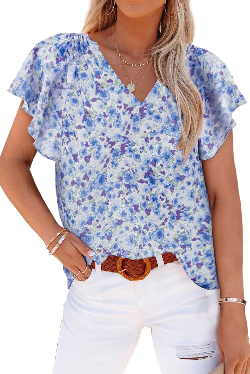 LC25114556-5-S, LC25114556-5-M, LC25114556-5-L, LC25114556-5-XL, LC25114556-5-2XL, Blue Women's Casual Short Sleeve Ruffle Petals Shirts Summer Casual Floral Blouse Top