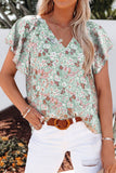 LC25114556-9-S, LC25114556-9-M, LC25114556-9-L, LC25114556-9-XL, LC25114556-9-2XL, Green Women's Casual Short Sleeve Ruffle Petals Shirts Summer Casual Floral Blouse Top