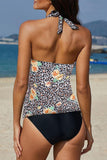 LC413090-20-S, LC413090-20-M, LC413090-20-L, LC413090-20-XL, LC413090-20-2XL, Floral Leopard Halter Tankini Set Bathing Suit Swimwear