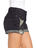 LC786063-2-S, LC786063-2-M, LC786063-2-L, LC786063-2-XL, LC786063-2-2XL, Proper Black Women's High Waisted Distressed Jeans Ripped Rolled Hem Denim Shorts
