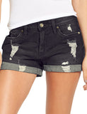 LC786063-2-S, LC786063-2-M, LC786063-2-L, LC786063-2-XL, LC786063-2-2XL, Proper Black Women's High Waisted Distressed Jeans Ripped Rolled Hem Denim Shorts