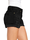 LC786063-102-S, LC786063-102-M, LC786063-102-L, LC786063-102-XL, LC786063-102-2XL, Close To The Edge Black Women's High Waisted Distressed Jeans Ripped Rolled Hem Denim Shorts