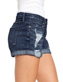 LC786063-405-S, LC786063-405-M, LC786063-405-L, LC786063-405-XL, LC786063-405-2XL, Deep River Blue Women's High Waisted Distressed Jeans Ripped Rolled Hem Denim Shorts