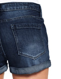 LC786063-405-S, LC786063-405-M, LC786063-405-L, LC786063-405-XL, LC786063-405-2XL, Deep River Blue Women's High Waisted Distressed Jeans Ripped Rolled Hem Denim Shorts