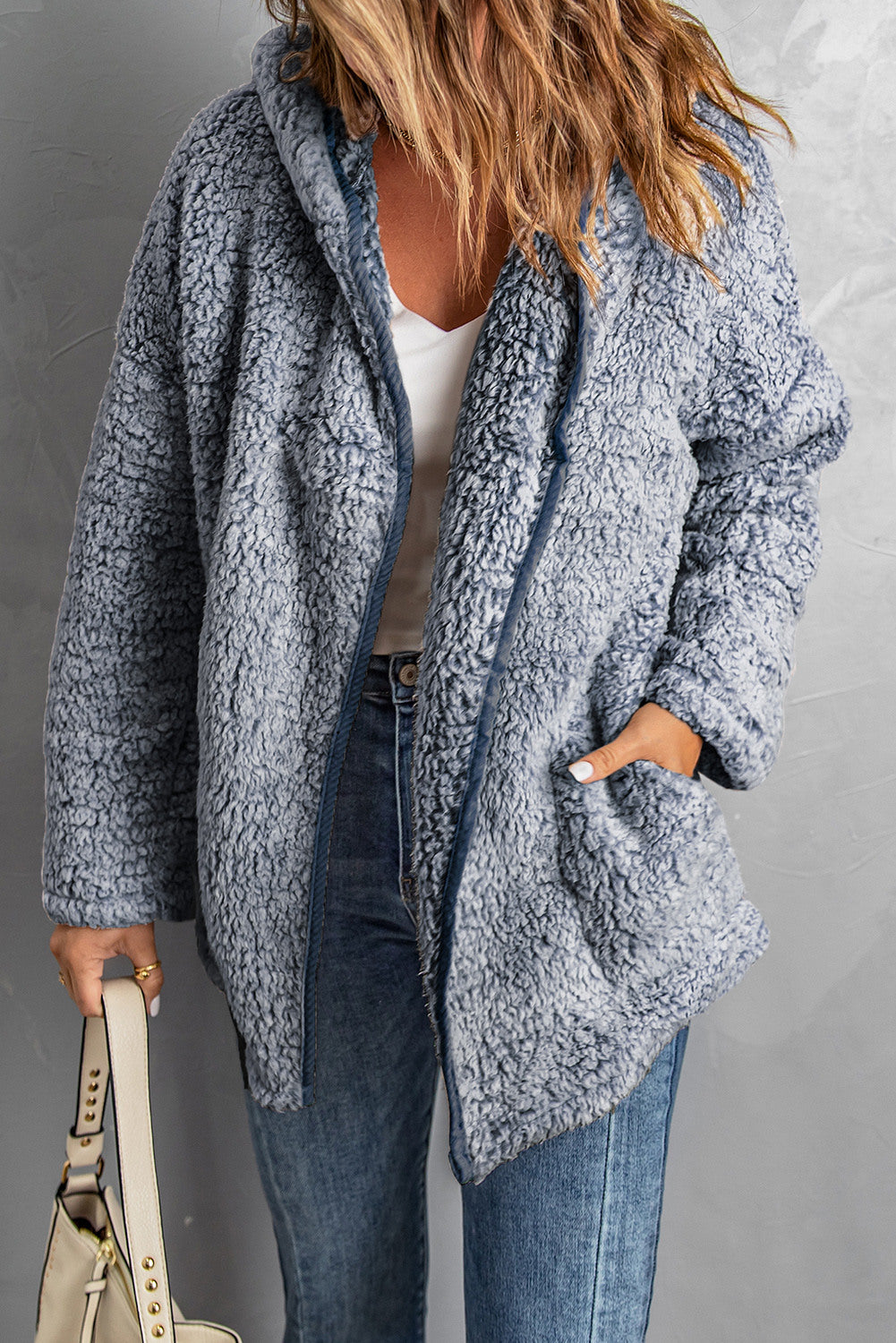 LC85279-5-S, LC85279-5-M, LC85279-5-L, LC85279-5-XL, LC85279-5-2XL, Blue Women's Autumn Winter Faux Shearling Pullover Jacket Coat