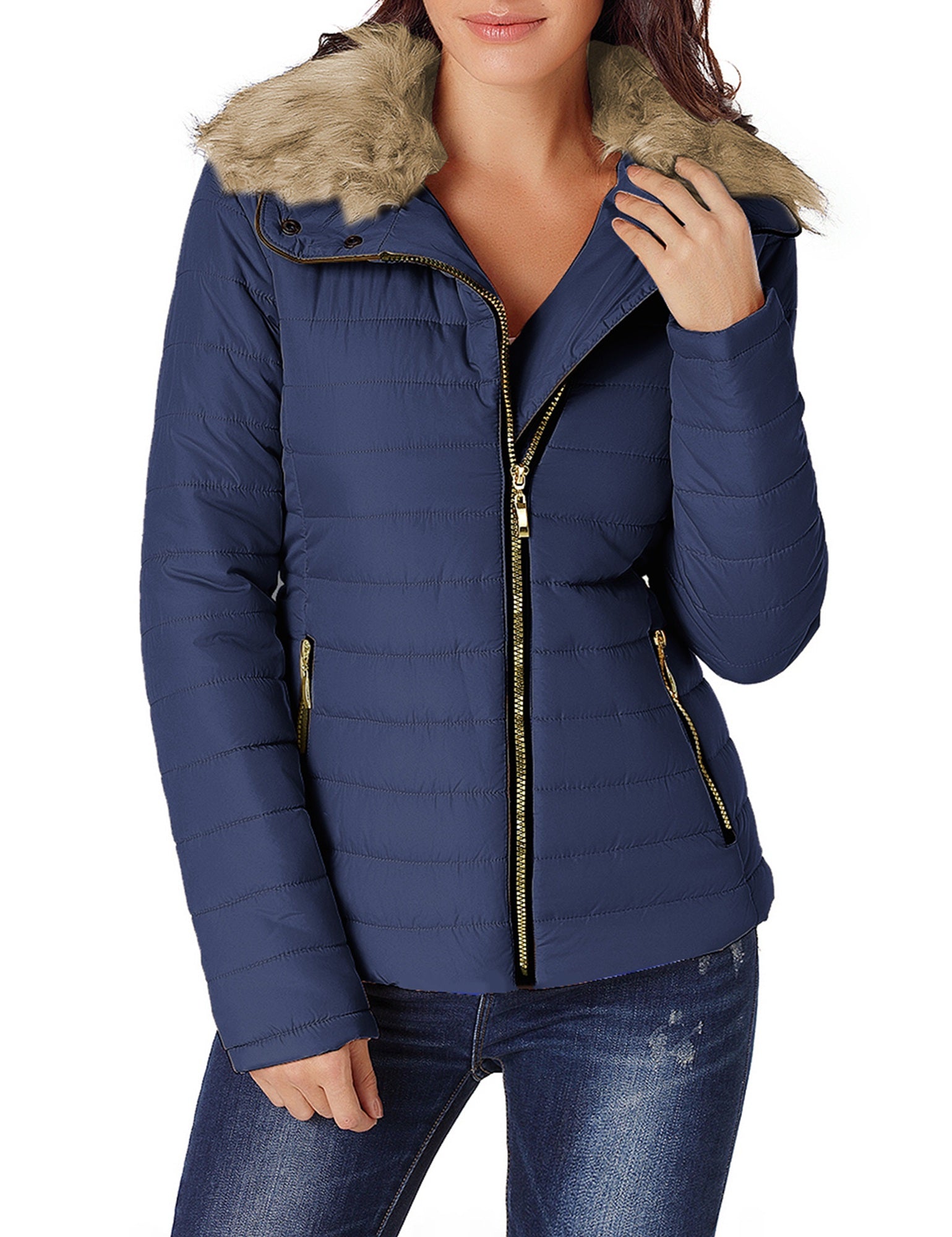 LC85117-5-2XL, LC85117-5-L, LC85117-5-M, LC85117-5-S, LC85117-5-XL, Estate Blue Winter Coats for Women Camel Faux Fur Collar Trim Black Quilted Jacket Outerwear