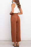 LC771296-17-S, LC771296-17-M, LC771296-17-L, LC771296-17-XL, Brown Women's High Waist Paper Bag Straight Leg Cropped Long Pants with Pocket