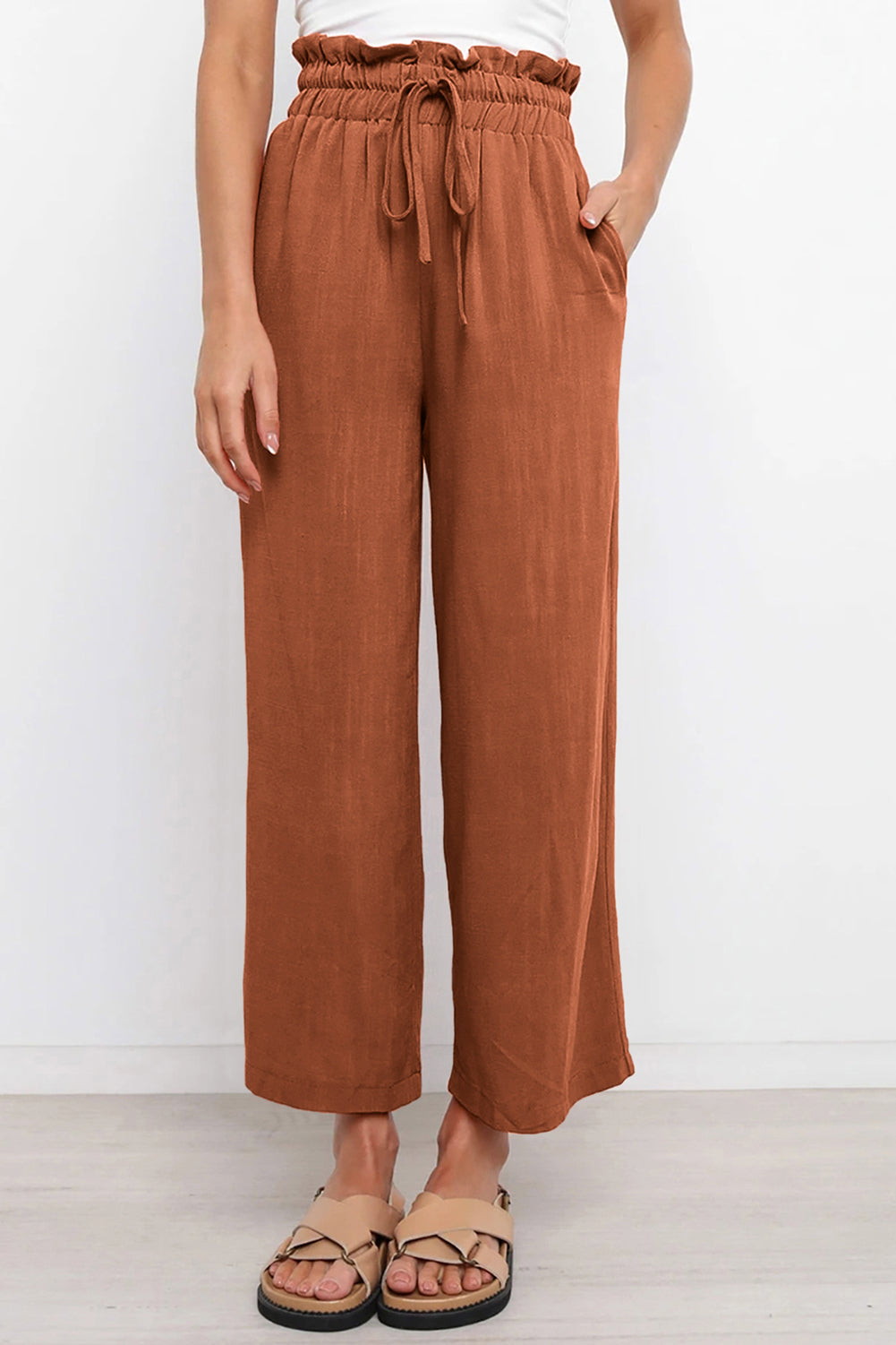 LC771296-17-S, LC771296-17-M, LC771296-17-L, LC771296-17-XL, Brown Women's High Waist Paper Bag Straight Leg Cropped Long Pants with Pocket