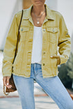 LC8511504-7-S, LC8511504-7-M, LC8511504-7-L, LC8511504-7-XL, LC8511504-7-2XL, Yellow Women's Jean Jacket Long Sleeve Lapel Distressed Raw Hem Buttons Denim Coat