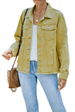 LC8511504-7-S, LC8511504-7-M, LC8511504-7-L, LC8511504-7-XL, LC8511504-7-2XL, Yellow Women's Jean Jacket Long Sleeve Lapel Distressed Raw Hem Buttons Denim Coat