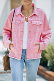 LC8511504-10-S, LC8511504-10-M, LC8511504-10-L, LC8511504-10-XL, LC8511504-10-2XL, Pink Women's Jean Jacket Long Sleeve Lapel Distressed Raw Hem Buttons Denim Coat