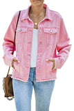 LC8511504-10-S, LC8511504-10-M, LC8511504-10-L, LC8511504-10-XL, LC8511504-10-2XL, Pink Women's Jean Jacket Long Sleeve Lapel Distressed Raw Hem Buttons Denim Coat