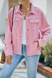 LC8511504-10-S, LC8511504-10-M, LC8511504-10-L, LC8511504-10-XL, LC8511504-10-2XL, Pink Women's Jean Jacket Long Sleeve Lapel Distressed Raw Hem Buttons Denim Coat