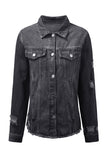 LC8511504-2-S, LC8511504-2-M, LC8511504-2-L, LC8511504-2-XL, LC8511504-2-2XL, Black Women's Jean Jacket Long Sleeve Lapel Distressed Raw Hem Buttons Denim Coat