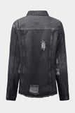 LC8511504-2-S, LC8511504-2-M, LC8511504-2-L, LC8511504-2-XL, LC8511504-2-2XL, Black Women's Jean Jacket Long Sleeve Lapel Distressed Raw Hem Buttons Denim Coat