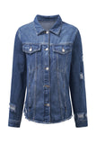 LC8511504-5-S, LC8511504-5-M, LC8511504-5-L, LC8511504-5-XL, LC8511504-5-2XL, Blue Women's Jean Jacket Long Sleeve Lapel Distressed Raw Hem Buttons Denim Coat