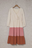 Pink Women's Casual Surplice V Neck Tiered Colorblock Midi Dress LC6110856-10