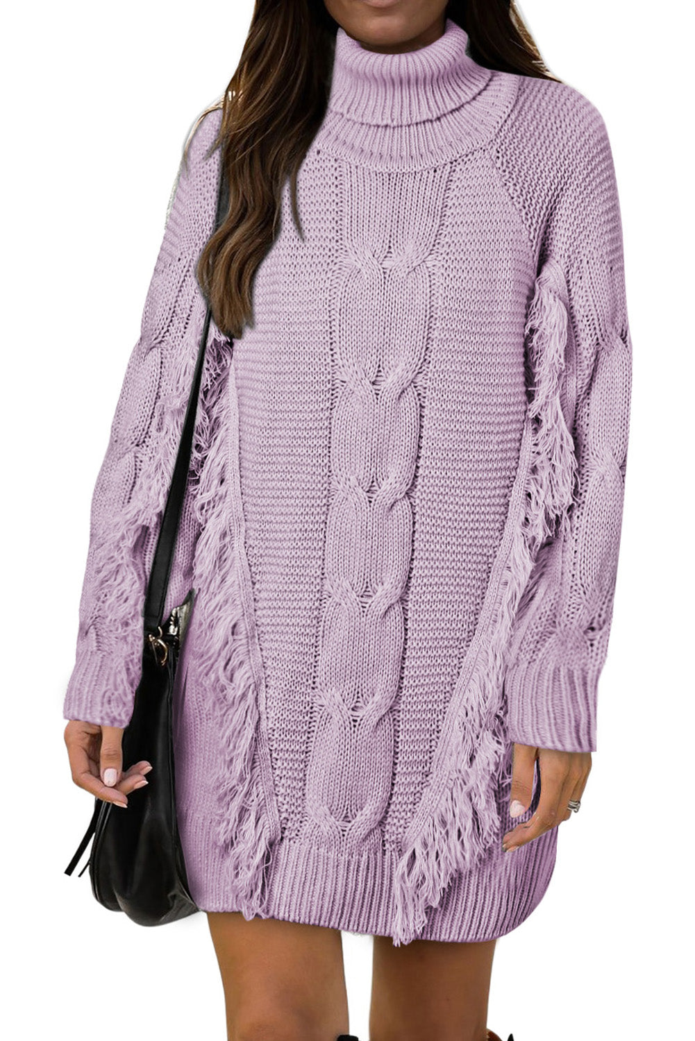 LC273304-8-S, LC273304-8-M, LC273304-8-L, LC273304-8-XL, LC273304-8-2XL, Purple Womens Twist Fringe Cable Knit High Neck Oversized Sweater Dress