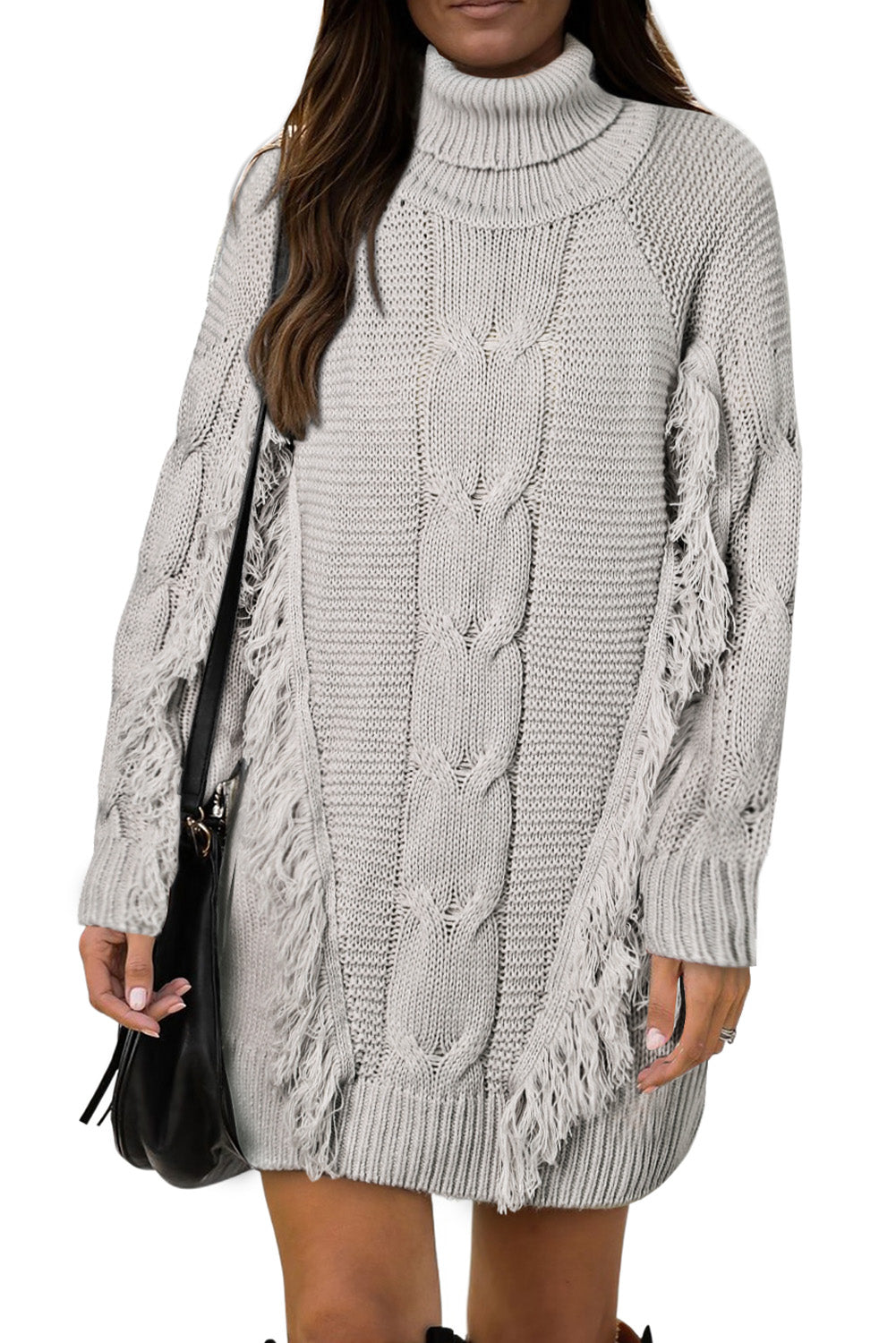 LC273304-11-S, LC273304-11-M, LC273304-11-L, LC273304-11-XL, LC273304-11-2XL, Gray Womens Twist Fringe Cable Knit High Neck Oversized Sweater Dress