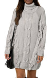 Womens Twist Fringe Cable Knit High Neck Oversized Sweater Dress