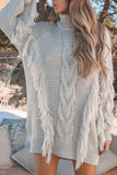 LC273304-11-S, LC273304-11-M, LC273304-11-L, LC273304-11-XL, LC273304-11-2XL, Gray Womens Twist Fringe Cable Knit High Neck Oversized Sweater Dress