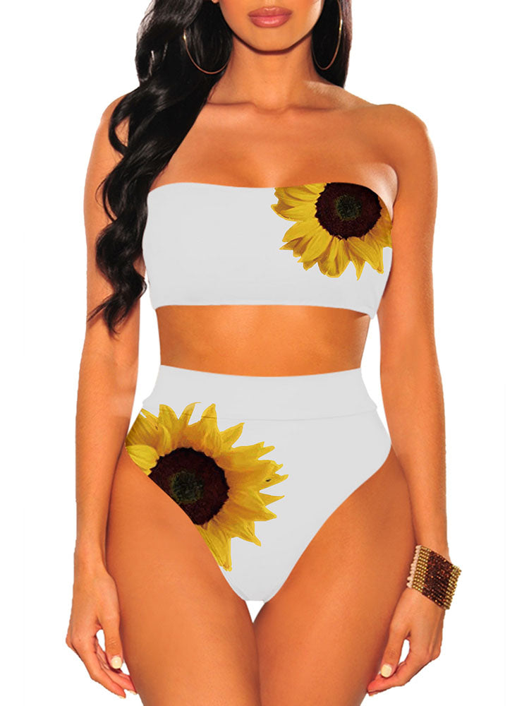 LC433417-1-S, LC433417-1-M, LC433417-1-L, LC433417-1-XL, White Women's Sunflower Bandeau Top High Cut Bikini Set Two Piece Bathing Suit