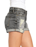 LC786063-11-S, LC786063-11-M, LC786063-11-L, LC786063-11-XL, LC786063-11-2XL, Foxy Gray Women's High Waisted Distressed Jeans Ripped Rolled Hem Denim Shorts