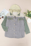 LC8512025-11-S, LC8512025-11-M, LC8512025-11-L, LC8512025-11-XL, LC8512025-11-2XL, Gray Corduroy Shacket Jacket Button Down Hooded Coat with Pockets