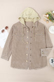 LC8512025-16-S, LC8512025-16-M, LC8512025-16-L, LC8512025-16-XL, LC8512025-16-2XL, Khaki Corduroy Shacket Jacket Button Down Hooded Coat with Pockets