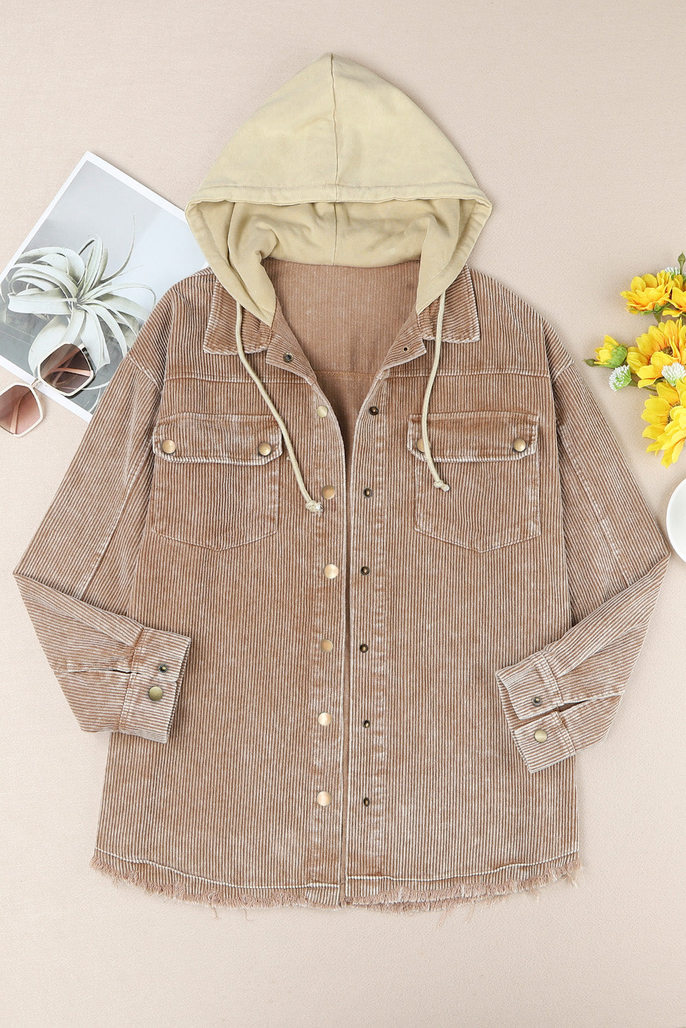 LC8512025-17-S, LC8512025-17-M, LC8512025-17-L, LC8512025-17-XL, LC8512025-17-2XL, Brown Corduroy Shacket Jacket Button Down Hooded Coat with Pockets