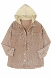 LC8512025-17-S, LC8512025-17-M, LC8512025-17-L, LC8512025-17-XL, LC8512025-17-2XL, Brown Corduroy Shacket Jacket Button Down Hooded Coat with Pockets