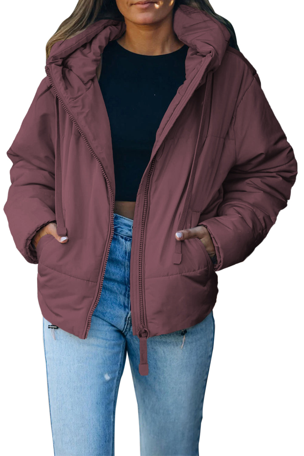 LC856045-8-S, LC856045-8-M, LC856045-8-L, LC856045-8-XL, LC856045-8-2XL, Purple Winter Coats for Women Outdoor Zipper Hooded Coat Outwear with Pockets