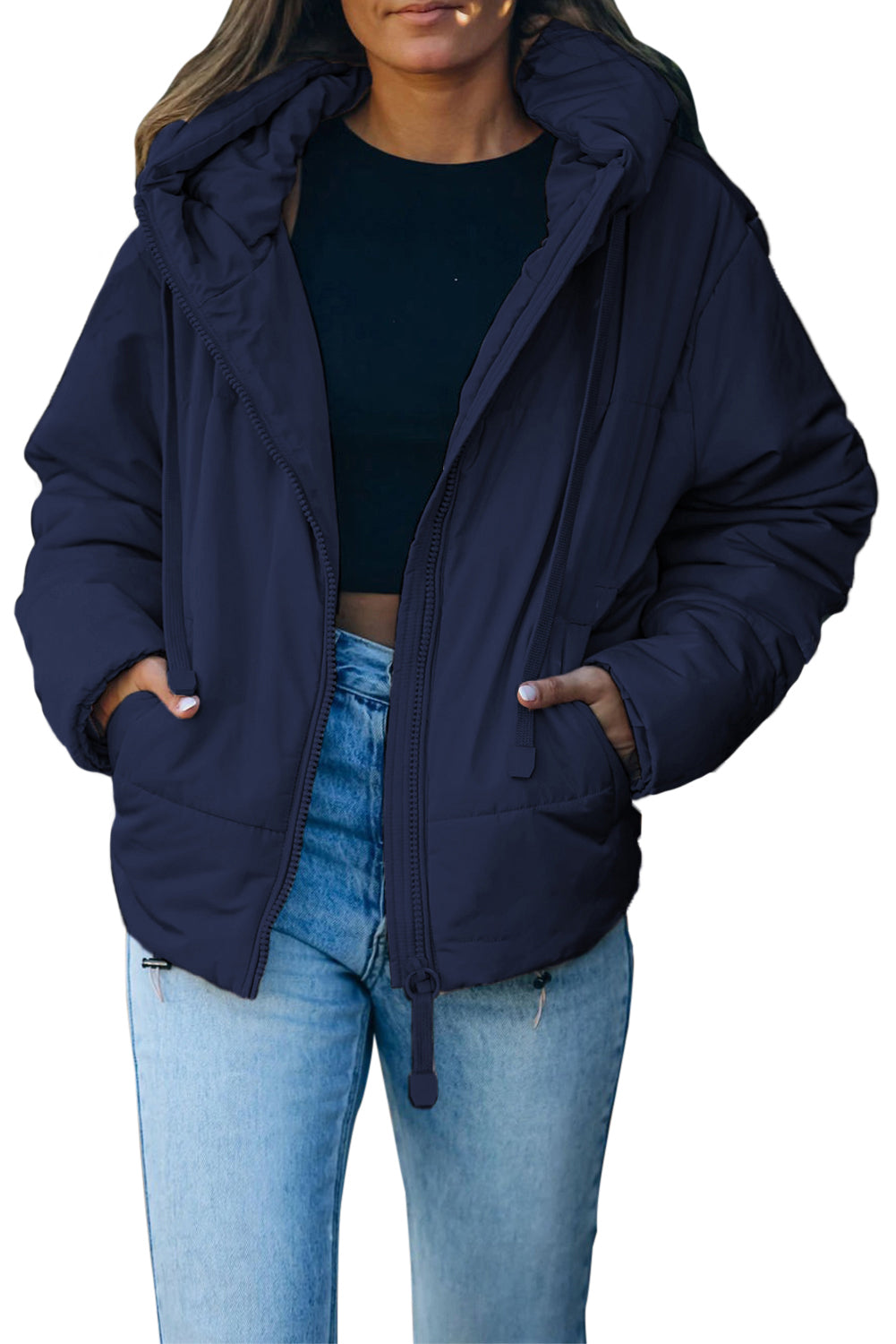 LC856045-5-S, LC856045-5-M, LC856045-5-L, LC856045-5-XL, LC856045-5-2XL, Blue Winter Coats for Women Outdoor Zipper Hooded Coat Outwear with Pockets