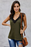LC251886-9-S, LC251886-9-M, LC251886-9-L, LC251886-9-XL, LC251886-9-2XL, Green Women's V Neck Sleeveless Lace Trim Camisole Sleeveless Tank Top