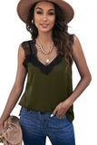 LC251886-9-S, LC251886-9-M, LC251886-9-L, LC251886-9-XL, LC251886-9-2XL, Green Women's V Neck Sleeveless Lace Trim Camisole Sleeveless Tank Top