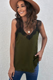 LC251886-9-S, LC251886-9-M, LC251886-9-L, LC251886-9-XL, LC251886-9-2XL, Green Women's V Neck Sleeveless Lace Trim Camisole Sleeveless Tank Top
