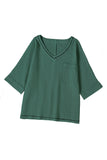 LC25112185-9-S, LC25112185-9-M, LC25112185-9-L, LC25112185-9-XL, LC25112185-9-2XL, Green Women's Casual Short Sleeve T Shirts V Neck Chest Pocket Knit Blouse Top
