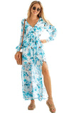 LC6111091-4-S, LC6111091-4-M, LC6111091-4-L, LC6111091-4-XL, Sky Blue Women's Wrap V Neck Floral Long Sleeve Maxi Dress with Slit