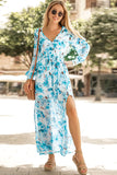 LC6111091-4-S, LC6111091-4-M, LC6111091-4-L, LC6111091-4-XL, Sky Blue Women's Wrap V Neck Floral Long Sleeve Maxi Dress with Slit