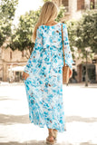 LC6111091-4-S, LC6111091-4-M, LC6111091-4-L, LC6111091-4-XL, Sky Blue Women's Wrap V Neck Floral Long Sleeve Maxi Dress with Slit
