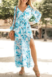 LC6111091-4-S, LC6111091-4-M, LC6111091-4-L, LC6111091-4-XL, Sky Blue Women's Wrap V Neck Floral Long Sleeve Maxi Dress with Slit