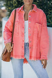 Red Womens Overdsizd Distressed Fringe Trim Denim Jacket LC854103-3