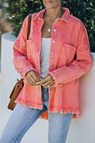 Red Womens Overdsizd Distressed Fringe Trim Denim Jacket LC854103-3